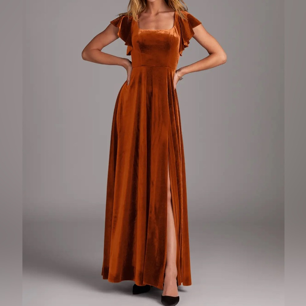 Azazie Bondi Burnt Orange Bridesmaid Dress Women’s Long Slit Velvet Size 10